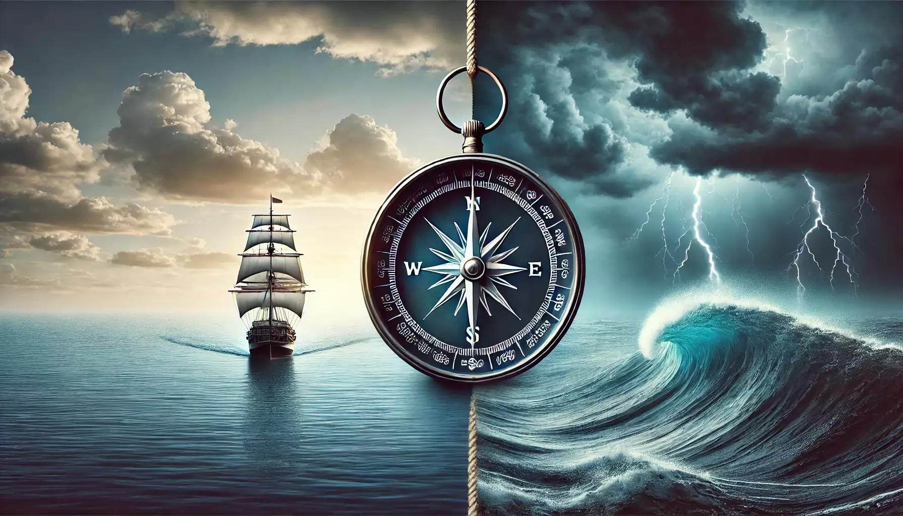 Split seascape with sailing ship, compass, stormy clouds, and lightning