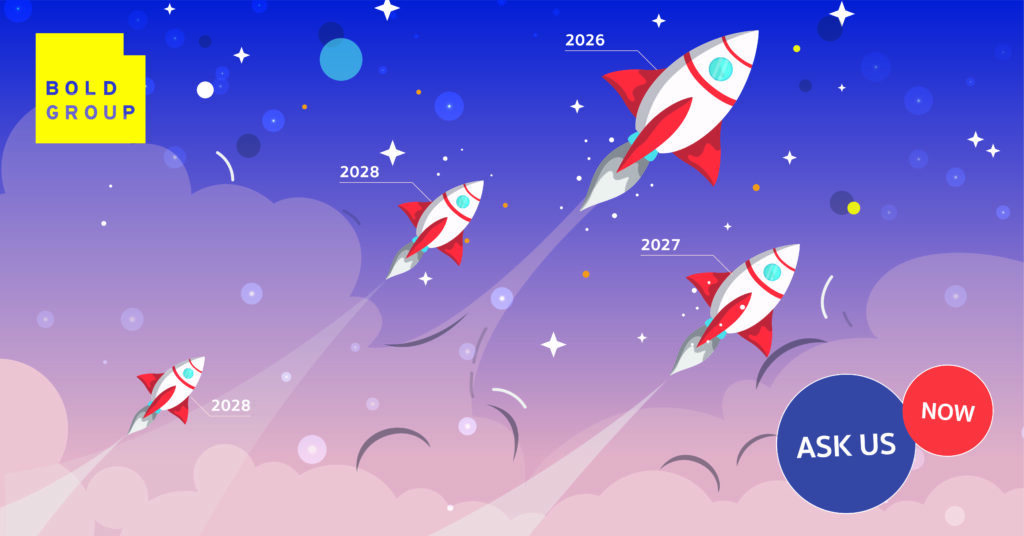 Three rockets launching towards 2026, 2027, and 2028. Ask us about your future.