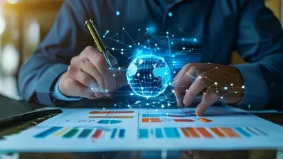 Businessperson analyzing global data and charts on a tablet.